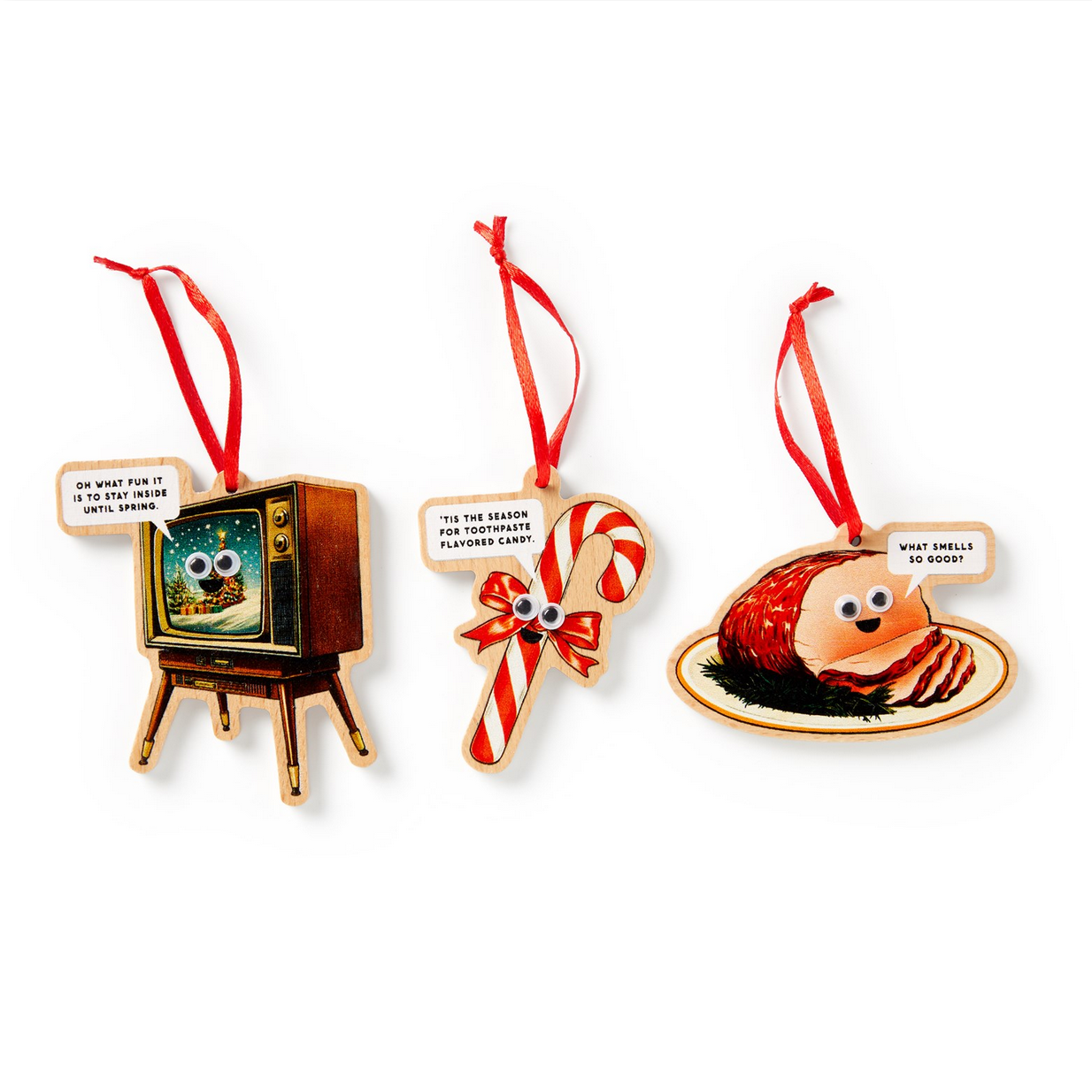 Three Christmas ornaments on a white background