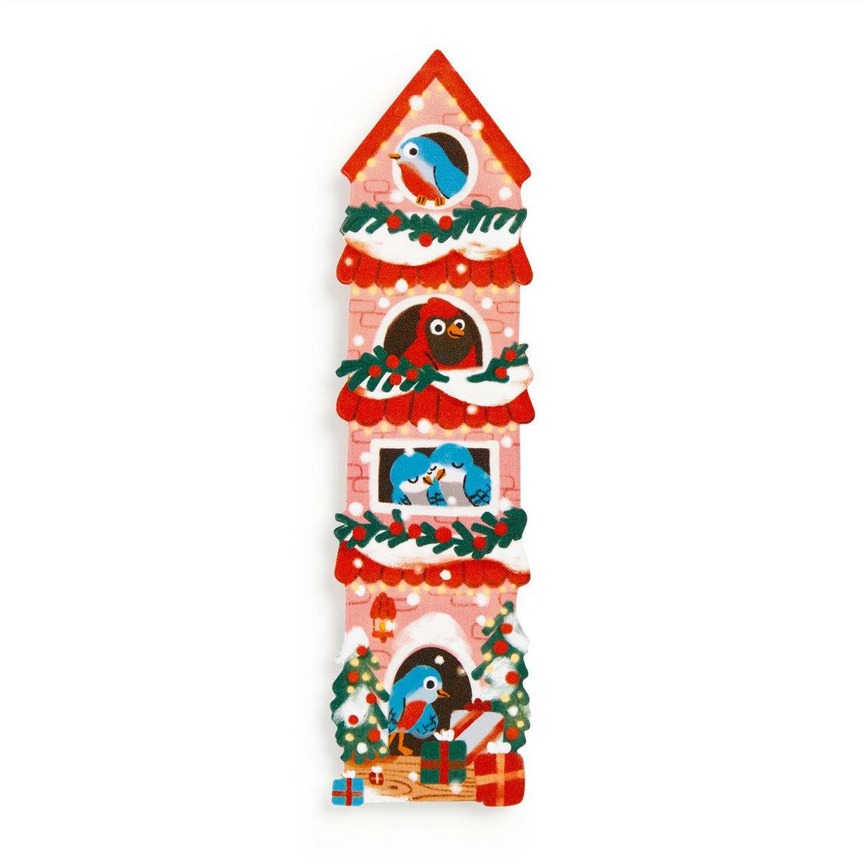 Decorative wall art resembling a birdhouse with cartoon birds on a white background
