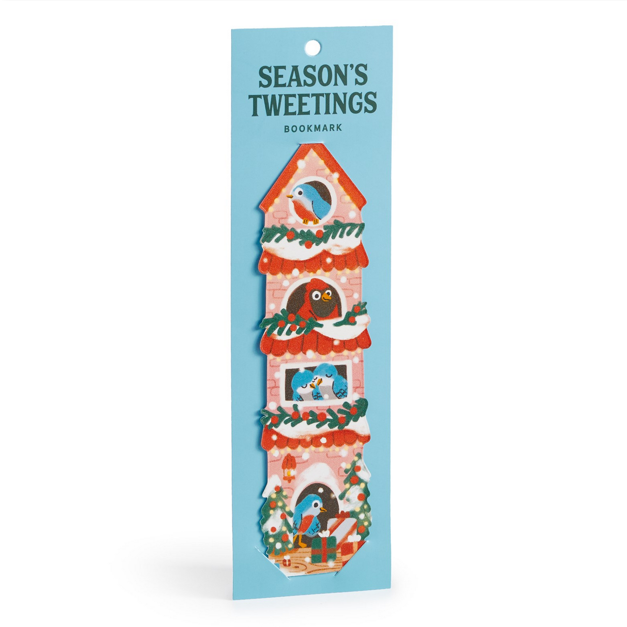 Season's Tweetings bookmark with a festive design on a blue background