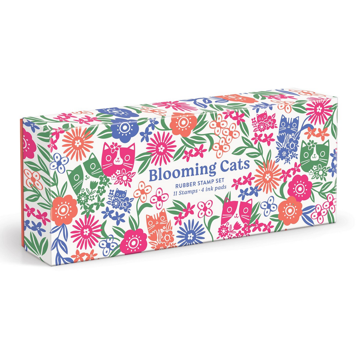 Box of 'Blooming Cats' rubber stamp set with colorful floral and cat design on a white background