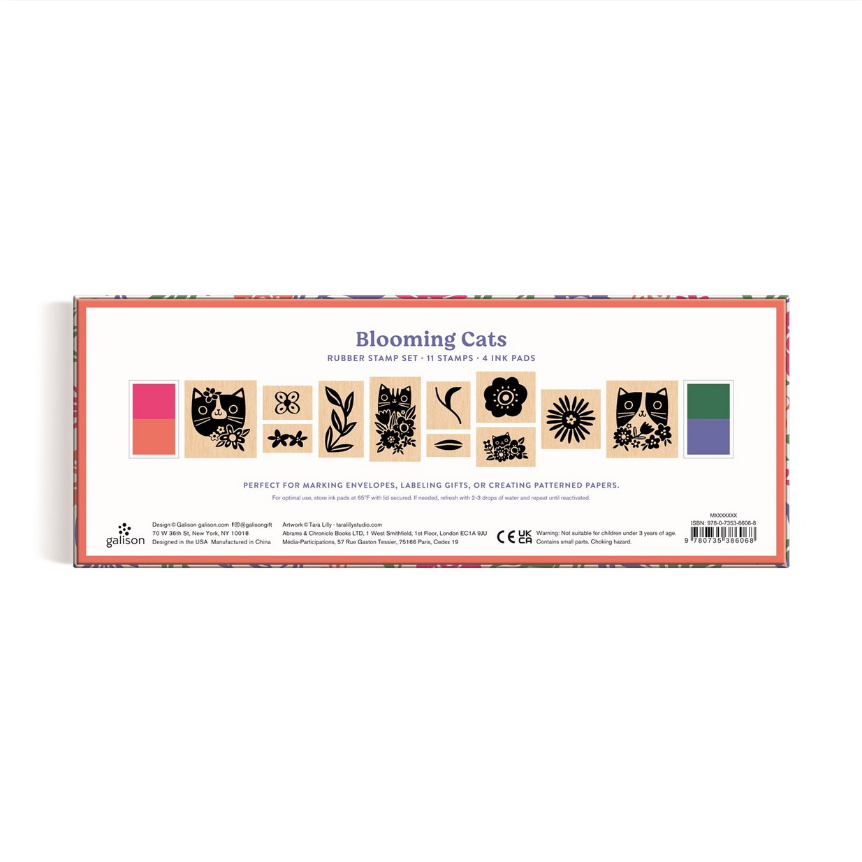 Box of 'Blooming Cats' rubber stamp set with illustrations on a white background