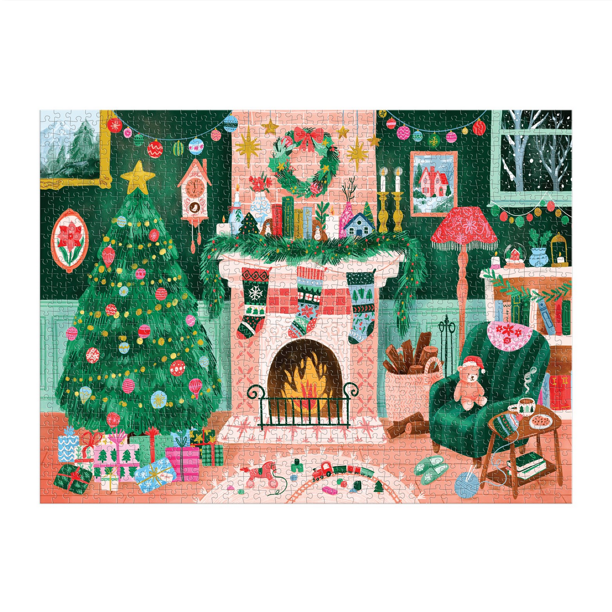 Illustration of a cozy living room decorated for Christmas with a tree, fireplace, and festive decor.