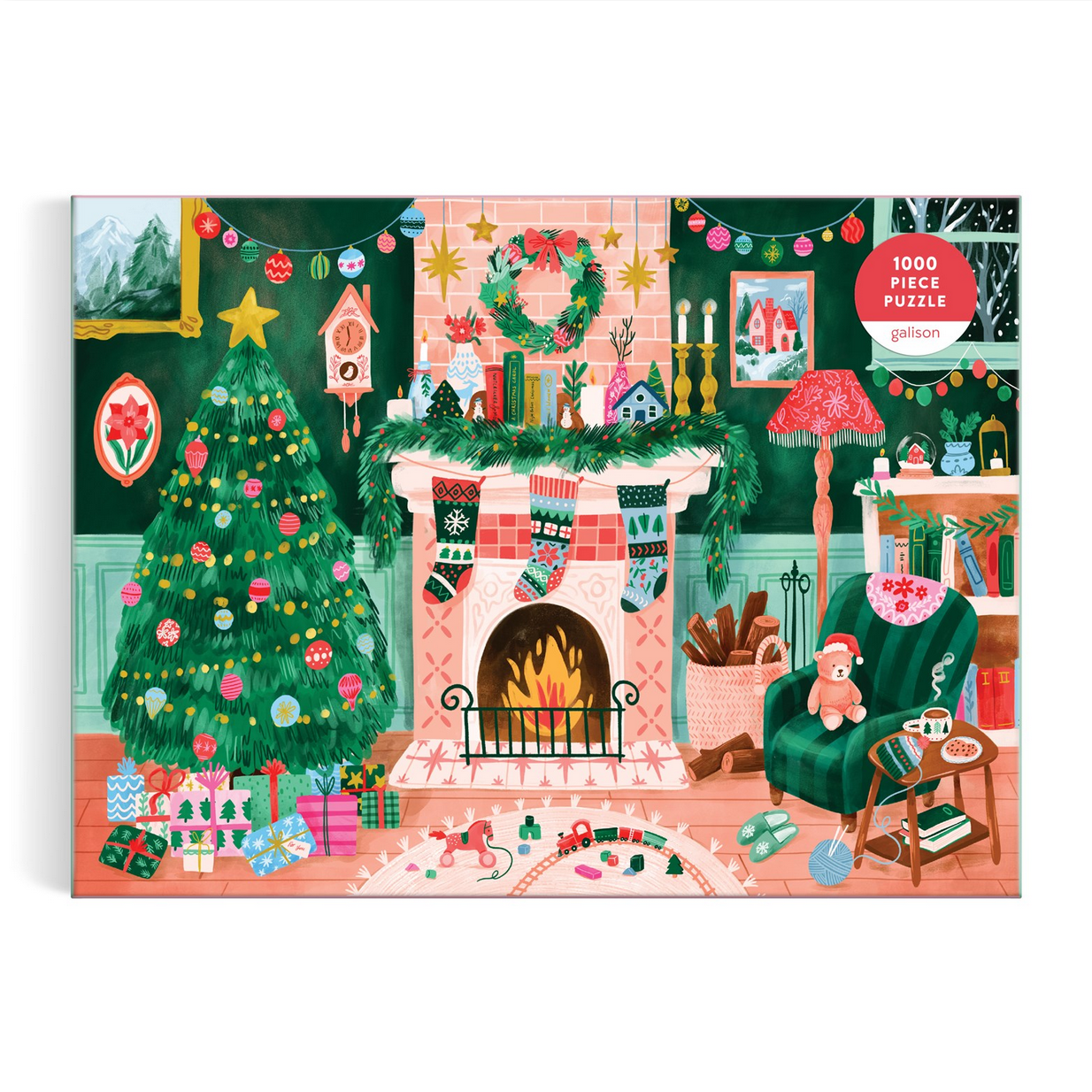 Jigsaw puzzle packaging with a festive living room scene featuring a Christmas tree, fireplace, and stockings.