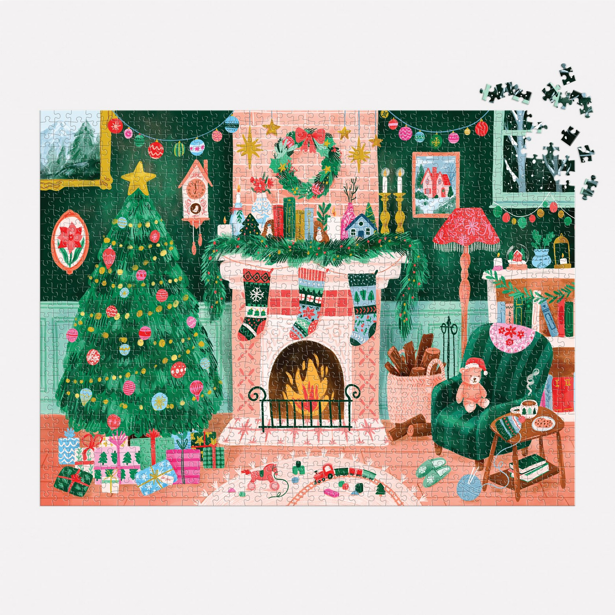 Christmas-themed puzzle with a living room scene featuring a tree, fireplace, and decorations.