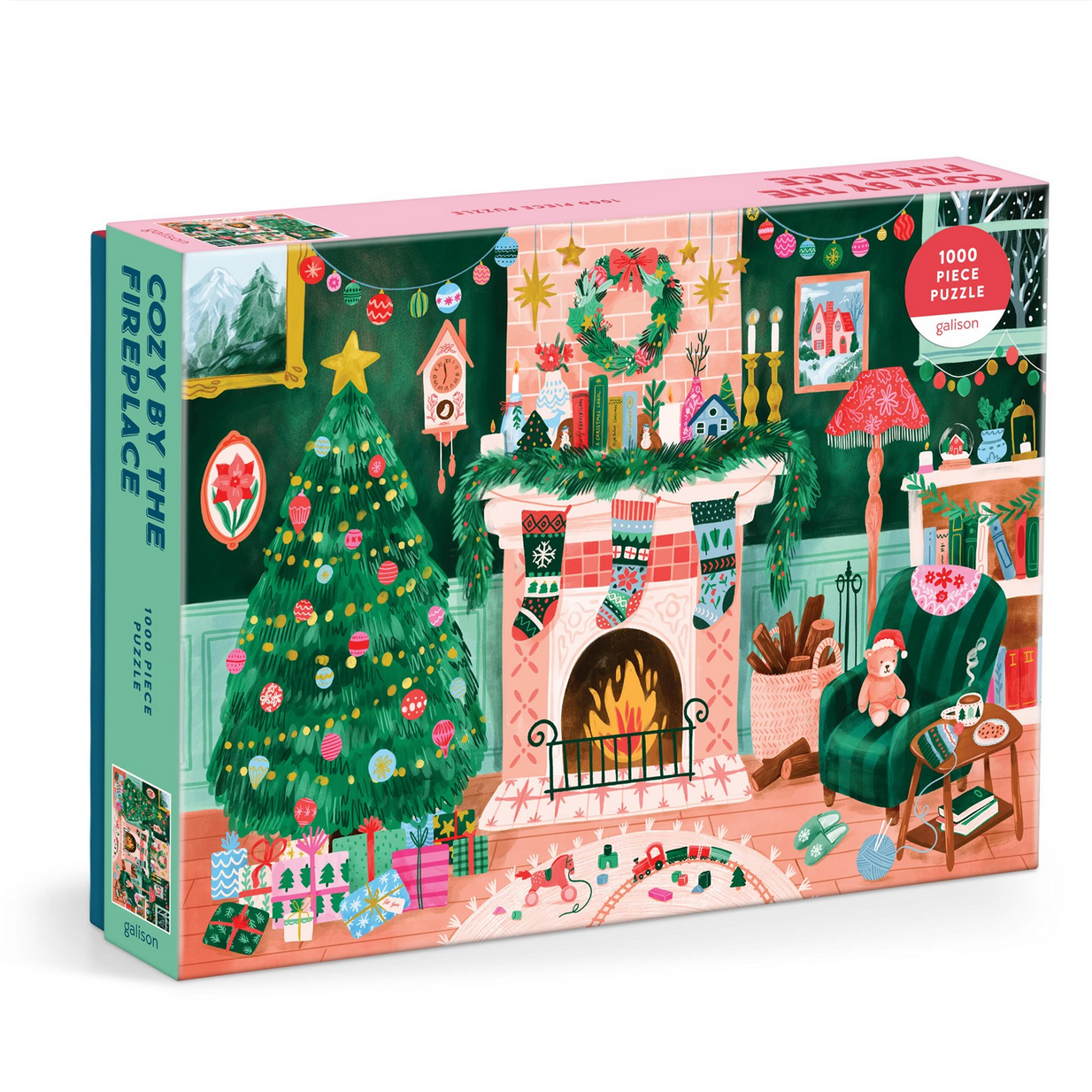 Jigsaw puzzle box with a festive scene of a Christmas tree, fireplace, and living room.