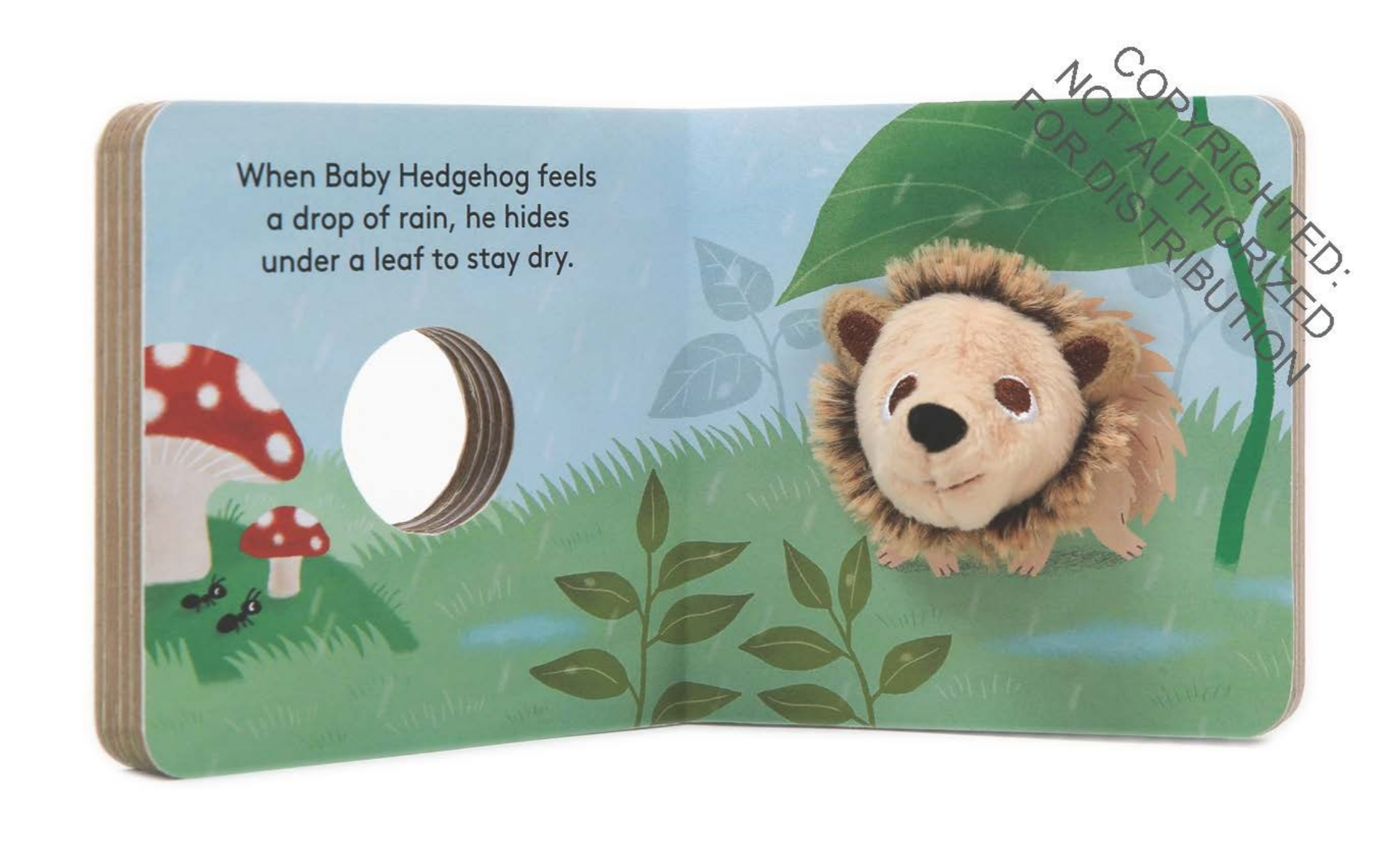 Children's book with a hedgehog plush toy and raindrop illustration