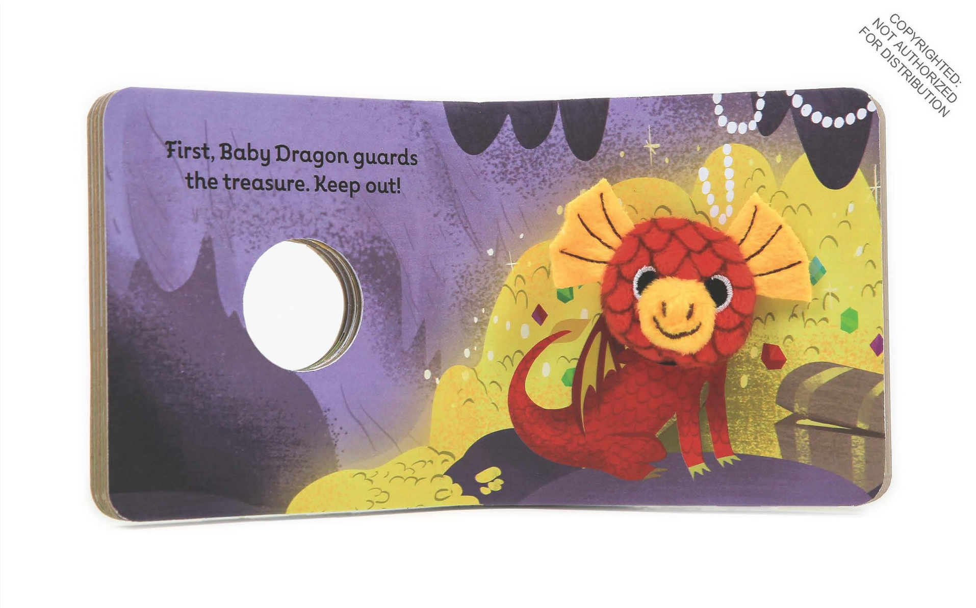 Children's book page with a dragon illustration and text on a purple background