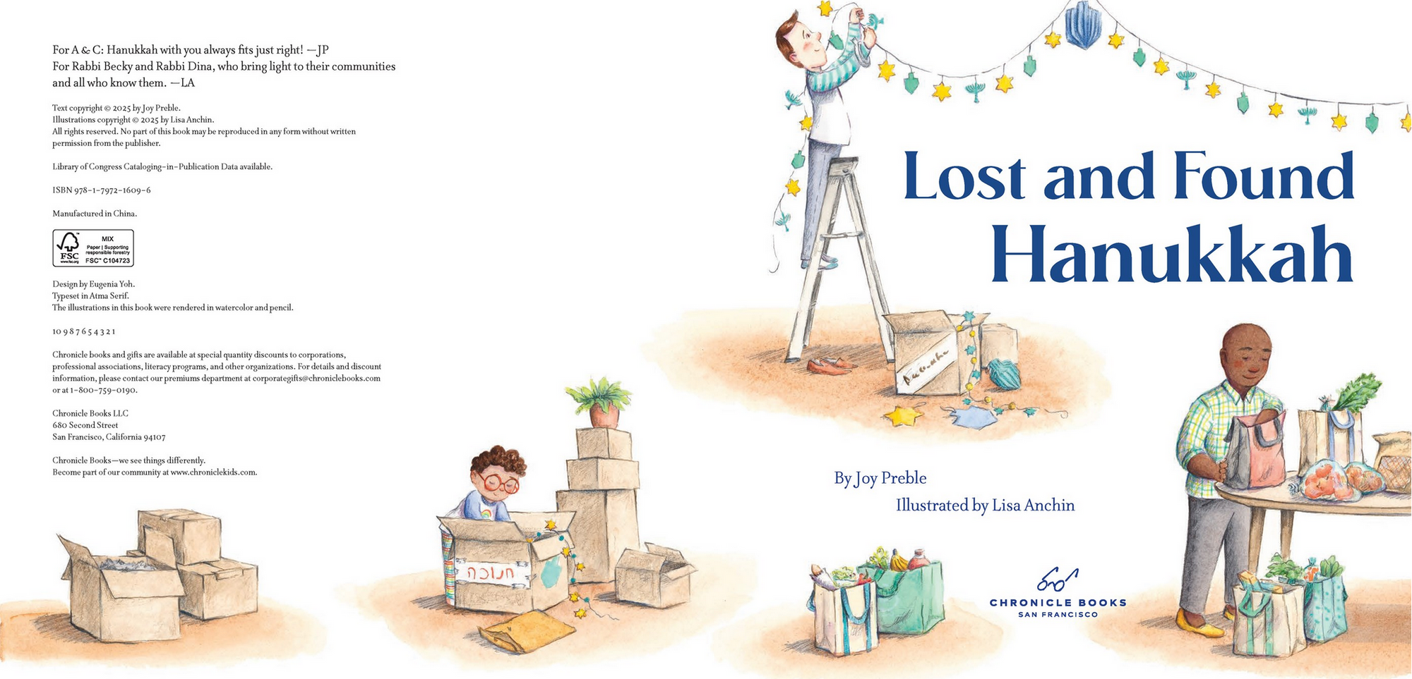 Book cover of 'Lost and Found Hanukkah' with illustrations of children and a menorah.