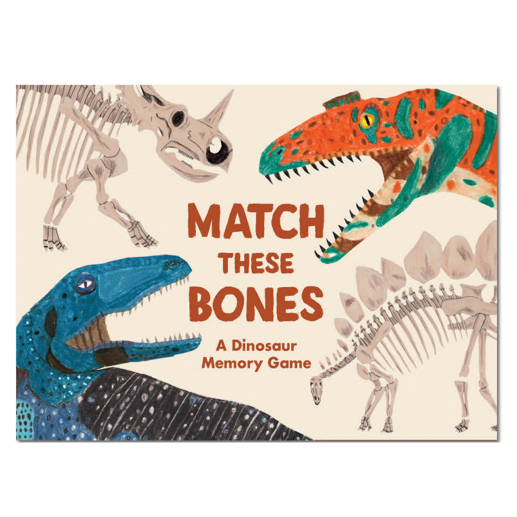 Dinosaur skeleton and color illustration on a product packaging with text 'Match These Bones'.