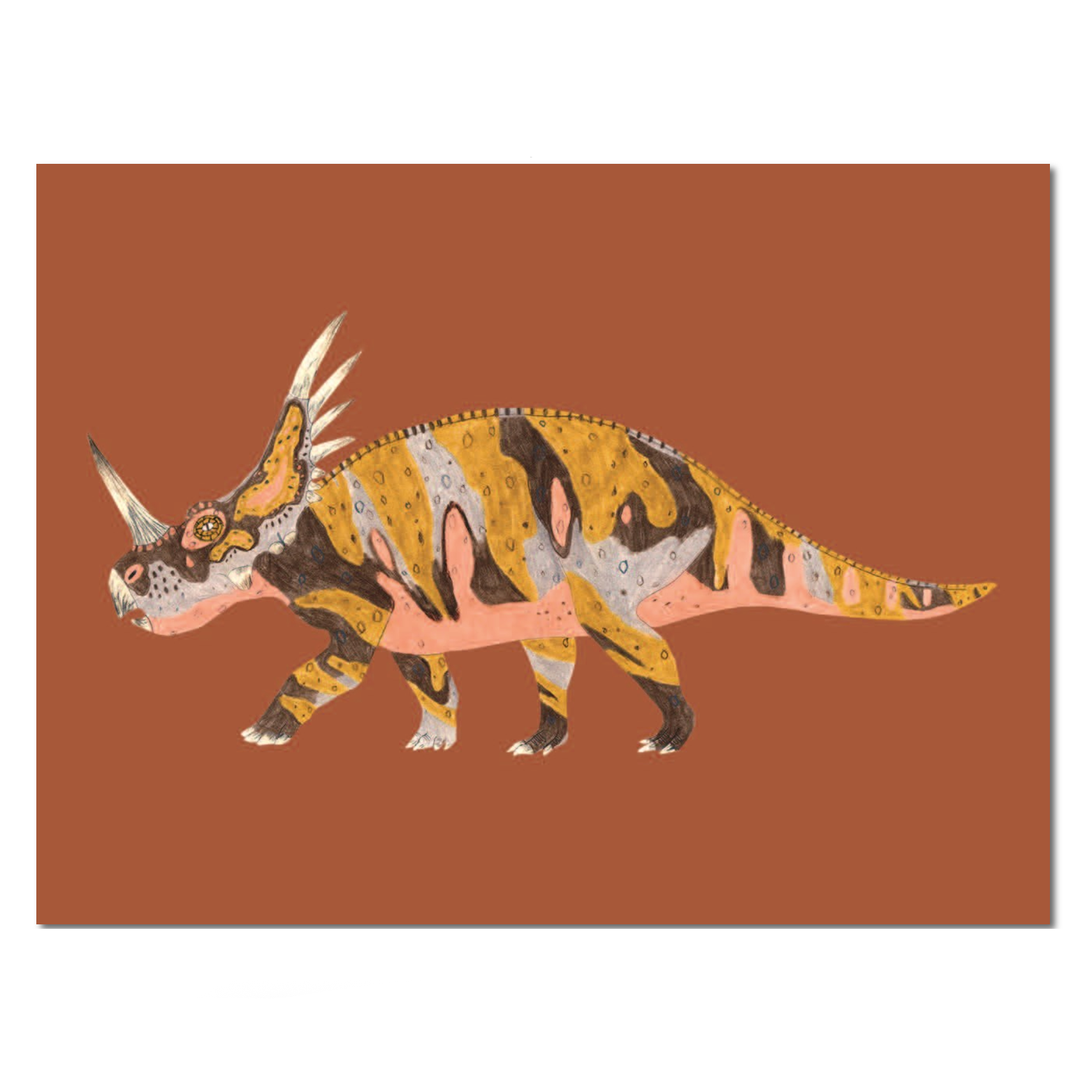Illustration of a triceratops on a brown background