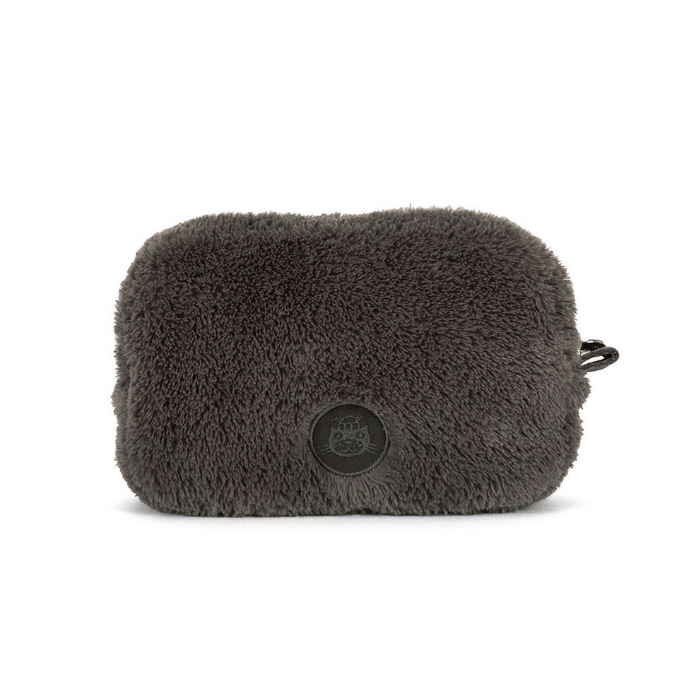 Gray plush pouch labeled 'Peanut Penguin Pouch' on a Jellycat website page.