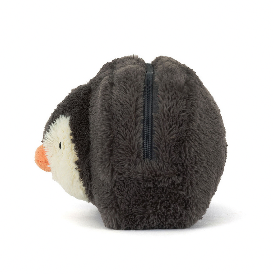 Penguin pouch toy on a white background with 'Jellycat' branding.