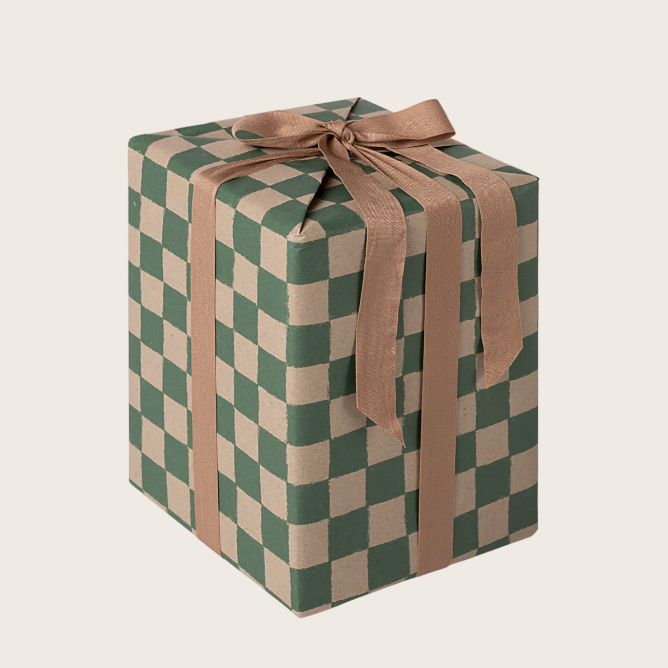 Green and beige checkered gift box with a brown ribbon