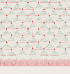 Fabric with geometric pattern of triangles and red dots on a white background
