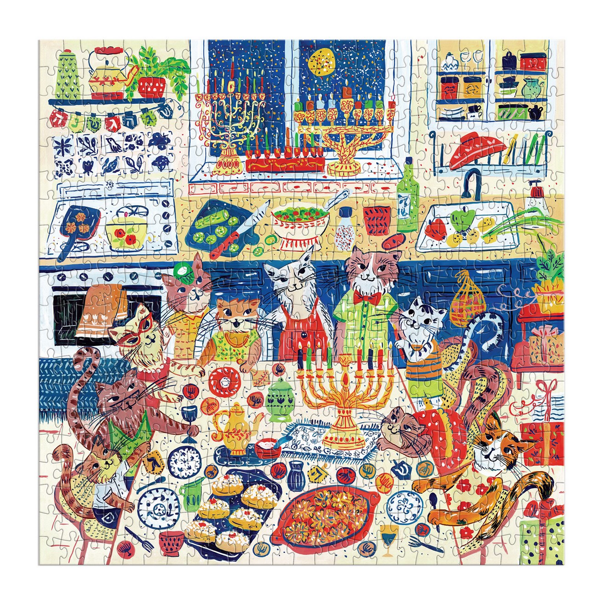 Colorful puzzle with cats celebrating Hanukkah in a kitchen setting