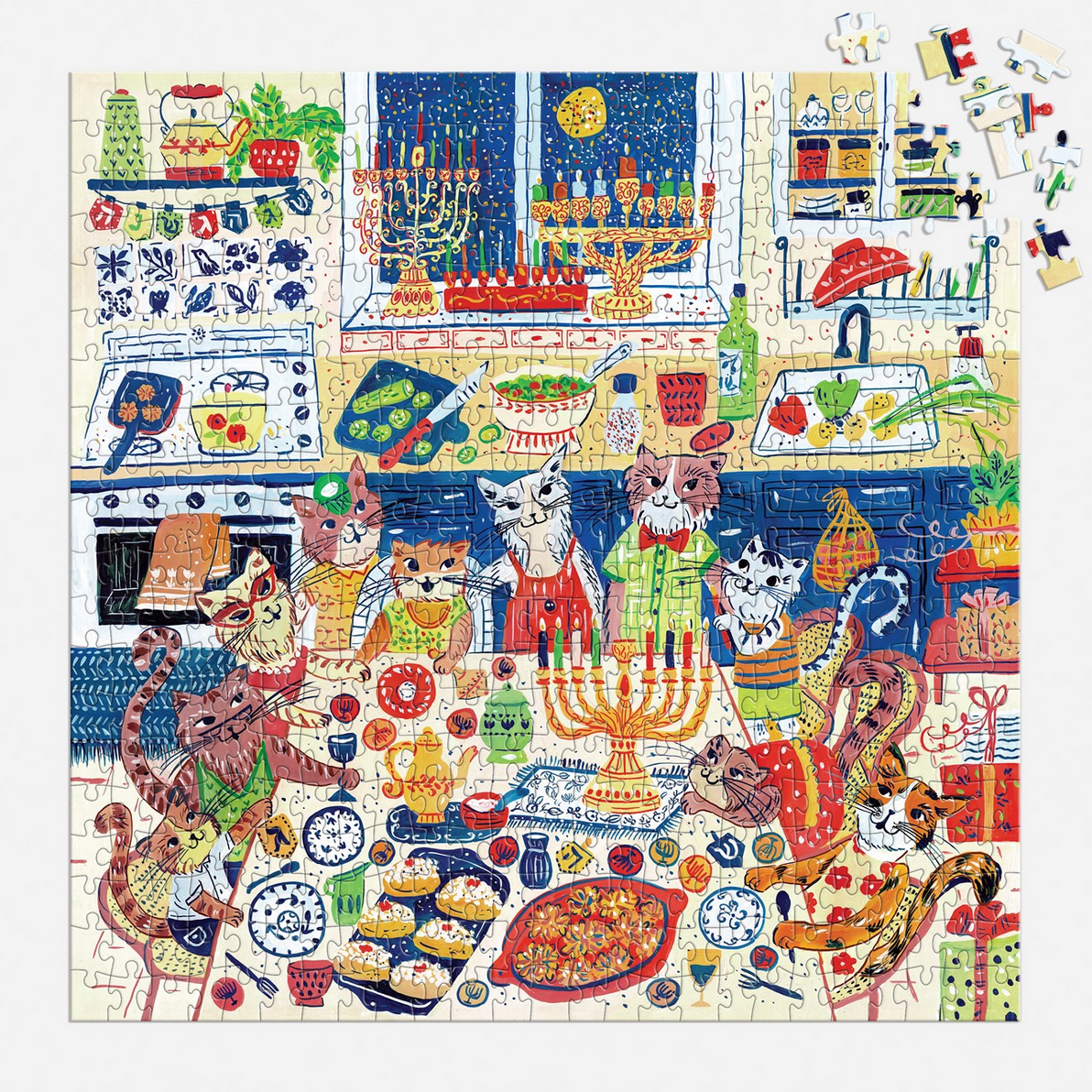Colorful puzzle with cats celebrating Hanukkah, featuring a Menorah and traditional foods.