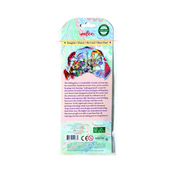 Colorful packaging of a fan with text and branding on a white background