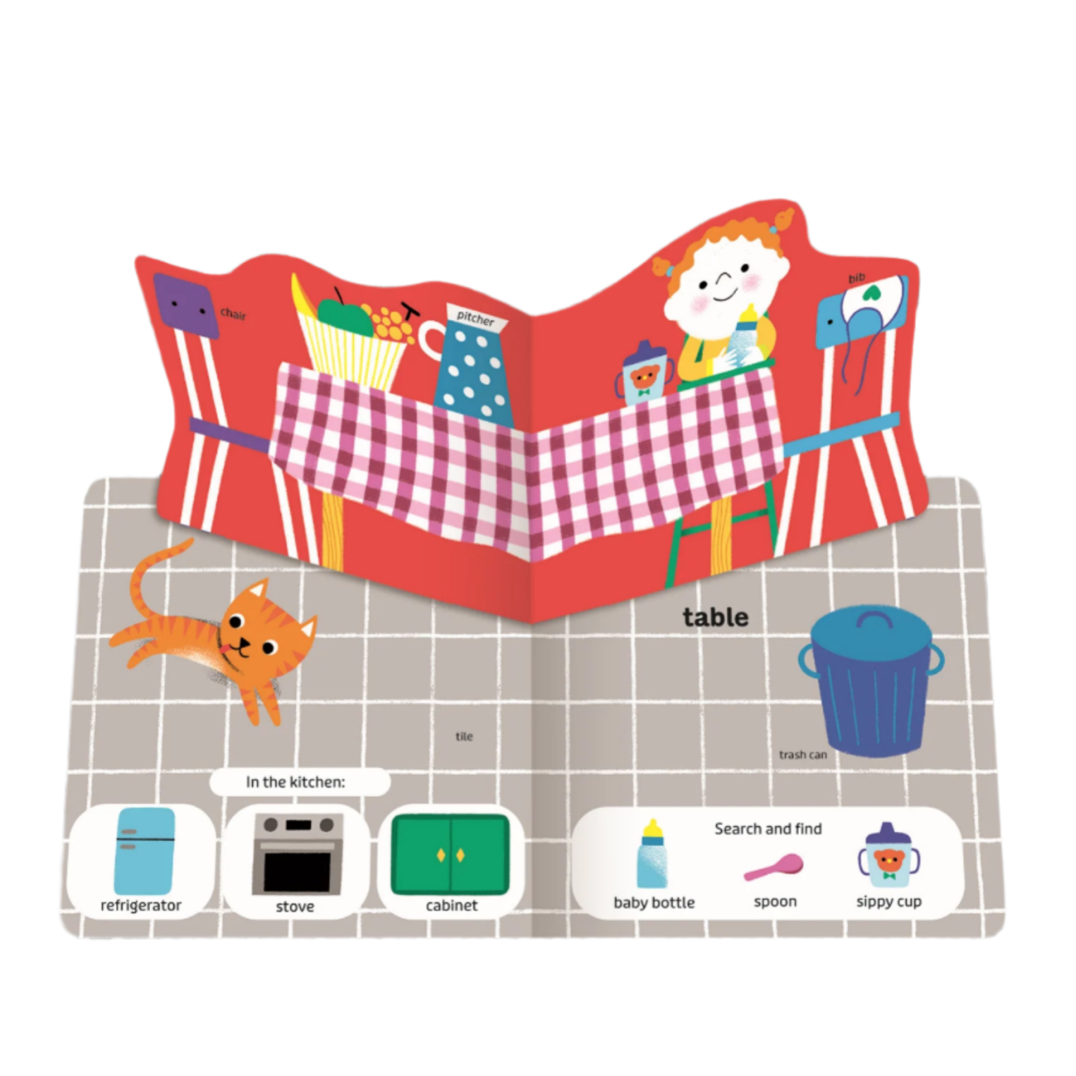 Children's educational mat with illustrations of a kitchen and objects on a white background