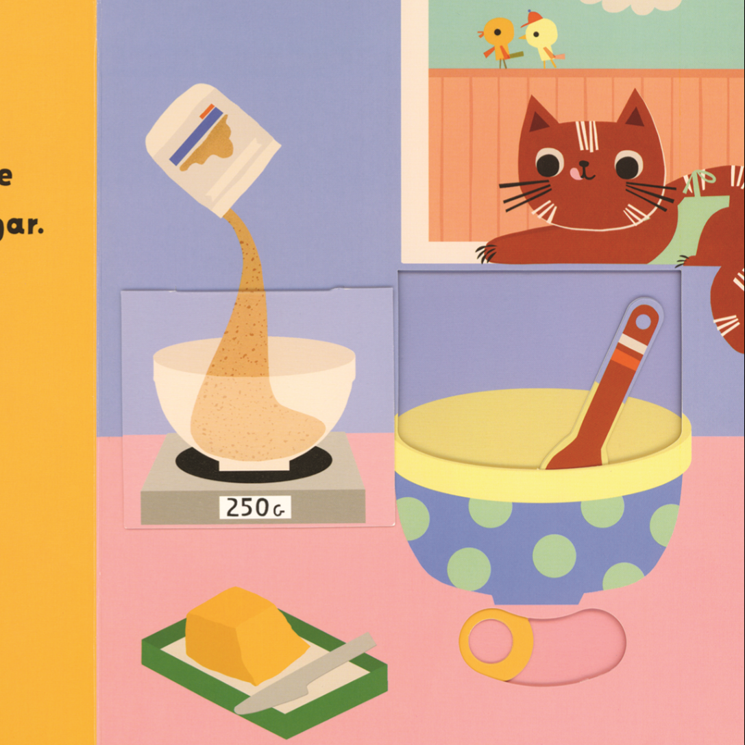 Illustration of a cat looking into a window with two birds, a scale, a bowl with a spoon, and a container on a pink background.