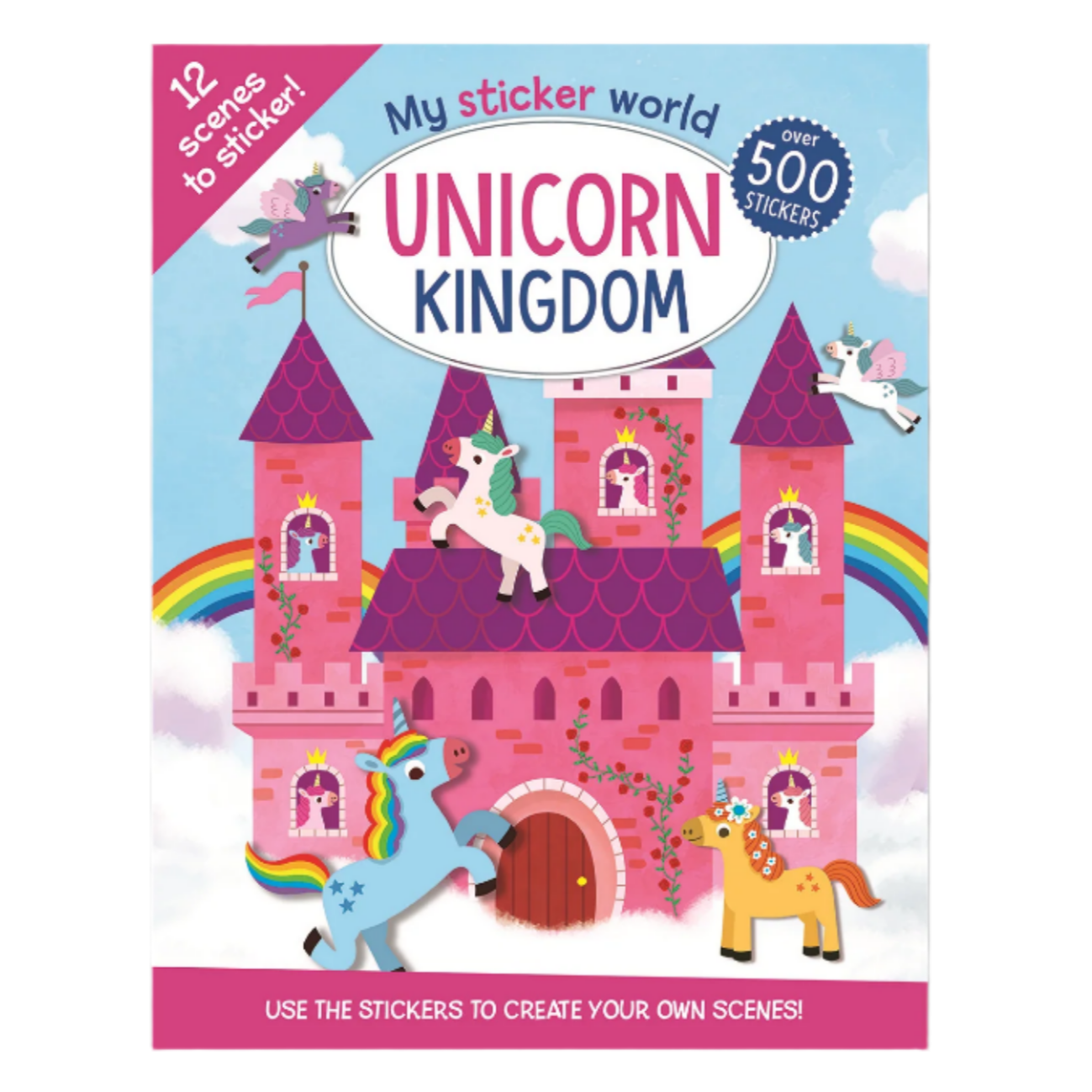 Sticker book cover with a pink castle and unicorns on a white background