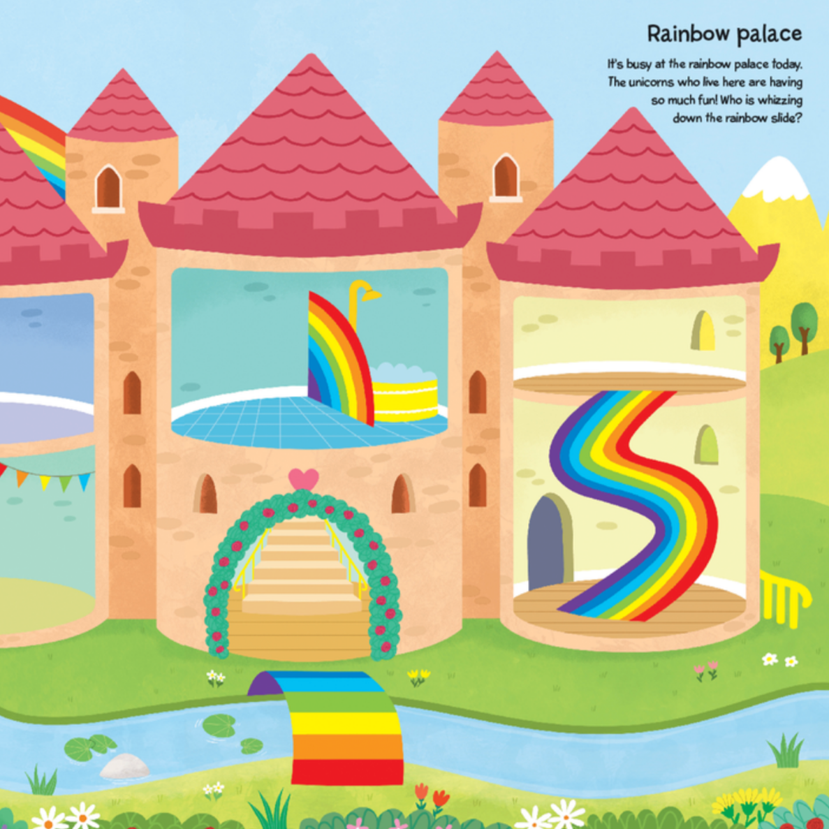 Colorful castle illustration with rainbows and a rainbow palace text