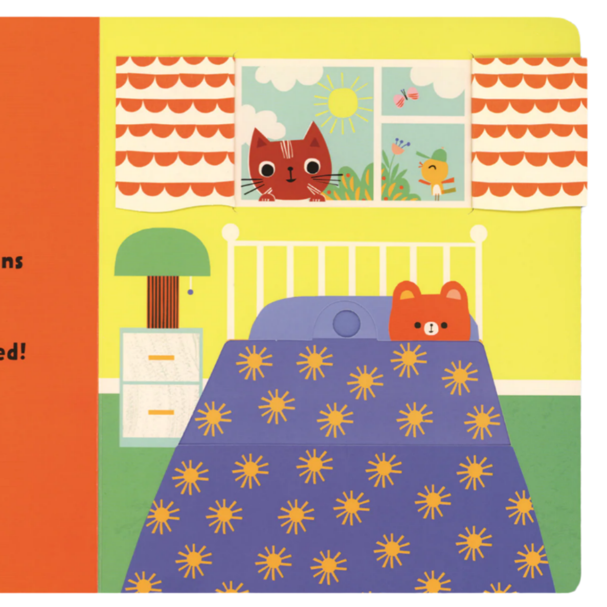 Illustration of a cat peeking out from a window above a bed with a blue blanket.