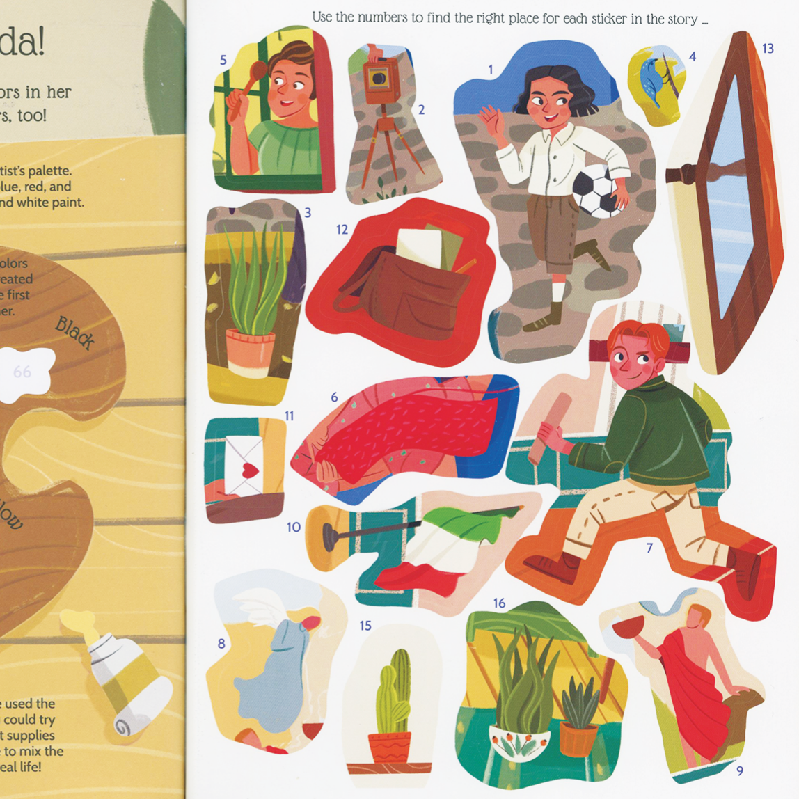Illustrated page with colorful stickers and a wooden art palette on a white background