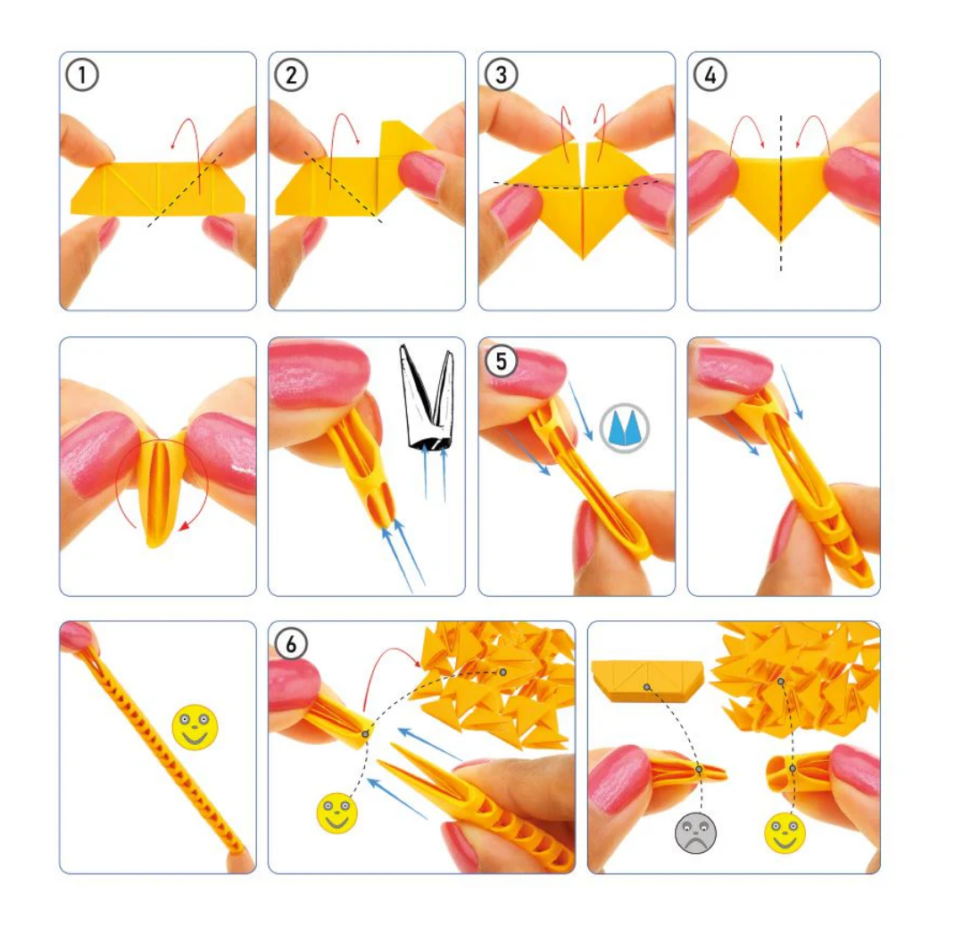 Step-by-step instructional diagram showing the use of a yellow tool with pink handles.