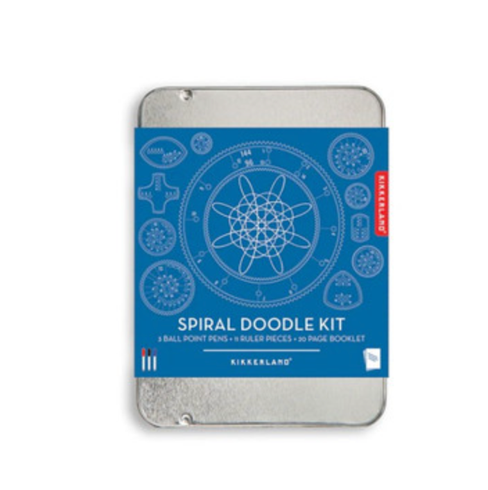 Spiral doodle kit packaging with blue label and silver tin on a white background
