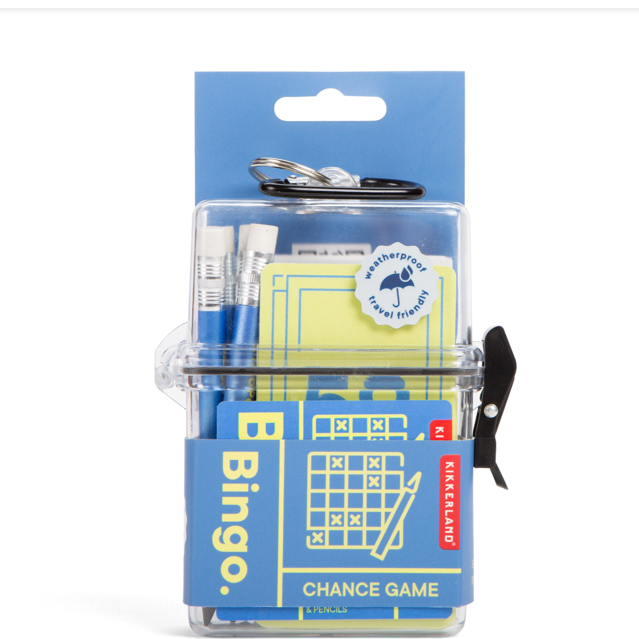 Bingo game set with clear plastic case on a white background