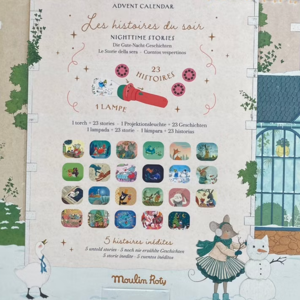 Advent calendar with illustrated house and characters, featuring 'Le Calendrier de l'Avent' branding.
