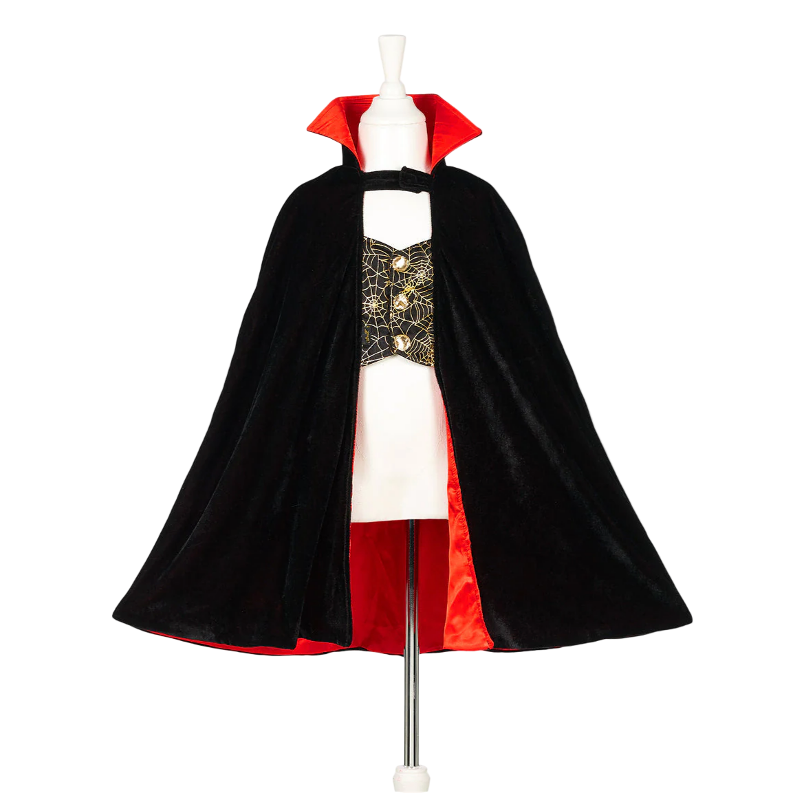 Children's Dracula costume with black cape, red accents, and white top on a mannequin against a white background.