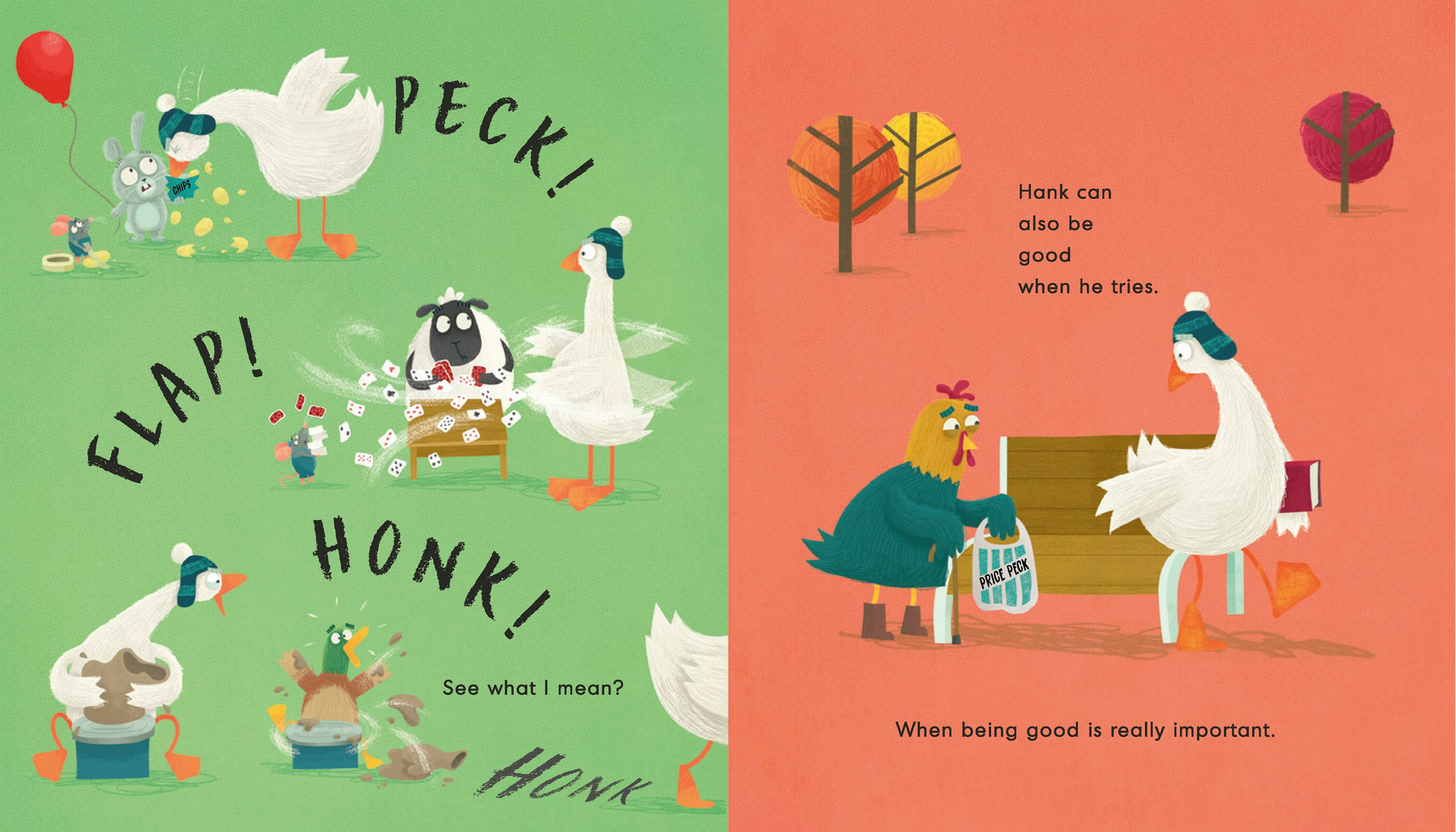 Illustrated book pages with ducks and a chicken, featuring text and colorful backgrounds.