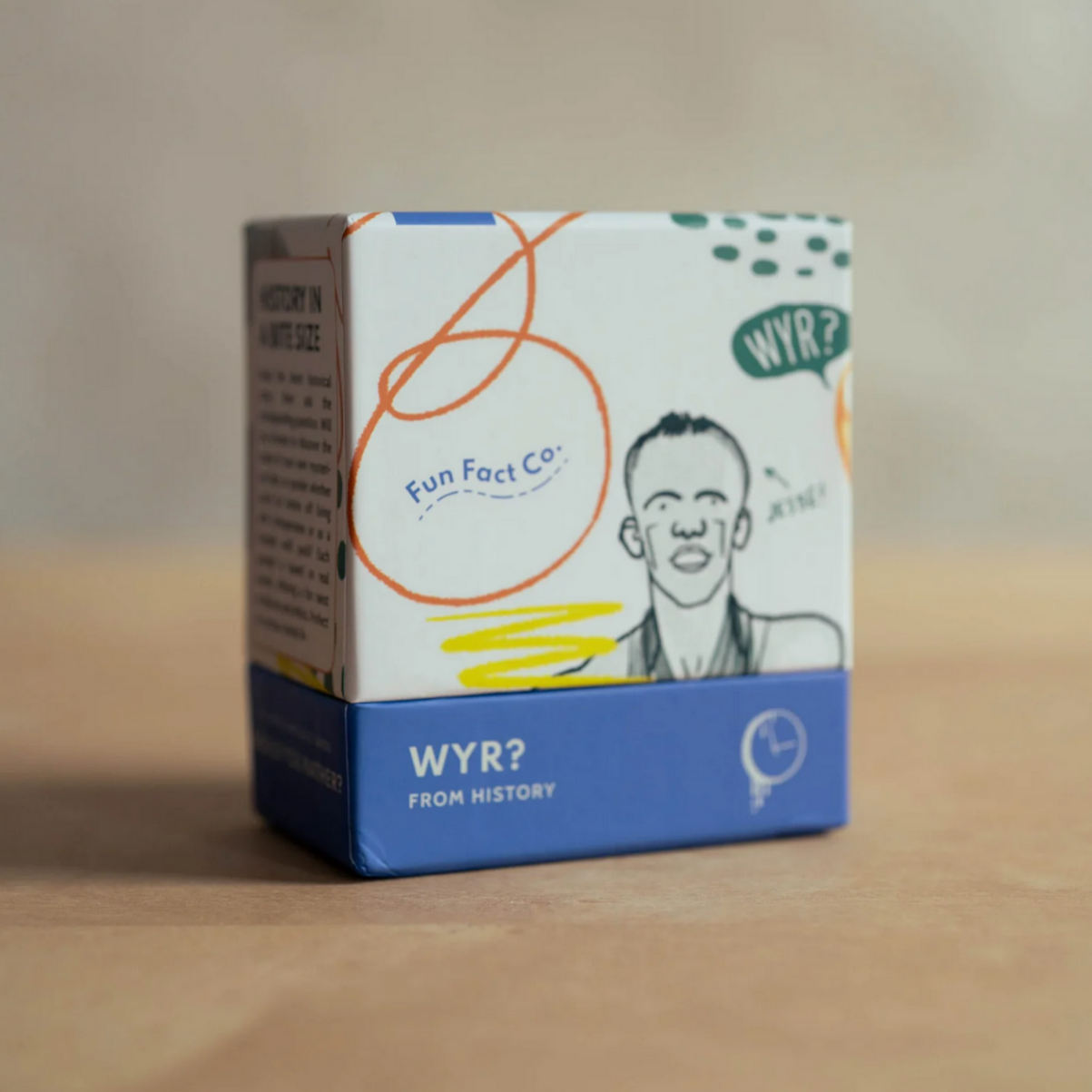 Product packaging with 'Fun Fact Co.' branding on a wooden surface