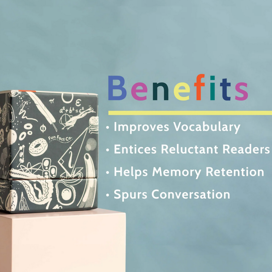 Product packaging with text about benefits on a blue background