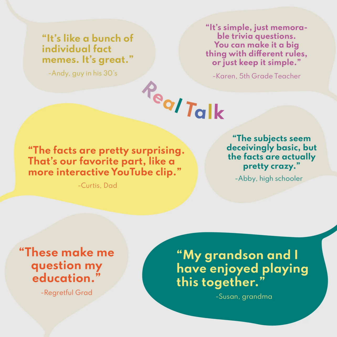 Reviews and comments about a product or service on a white background with colorful speech bubbles.