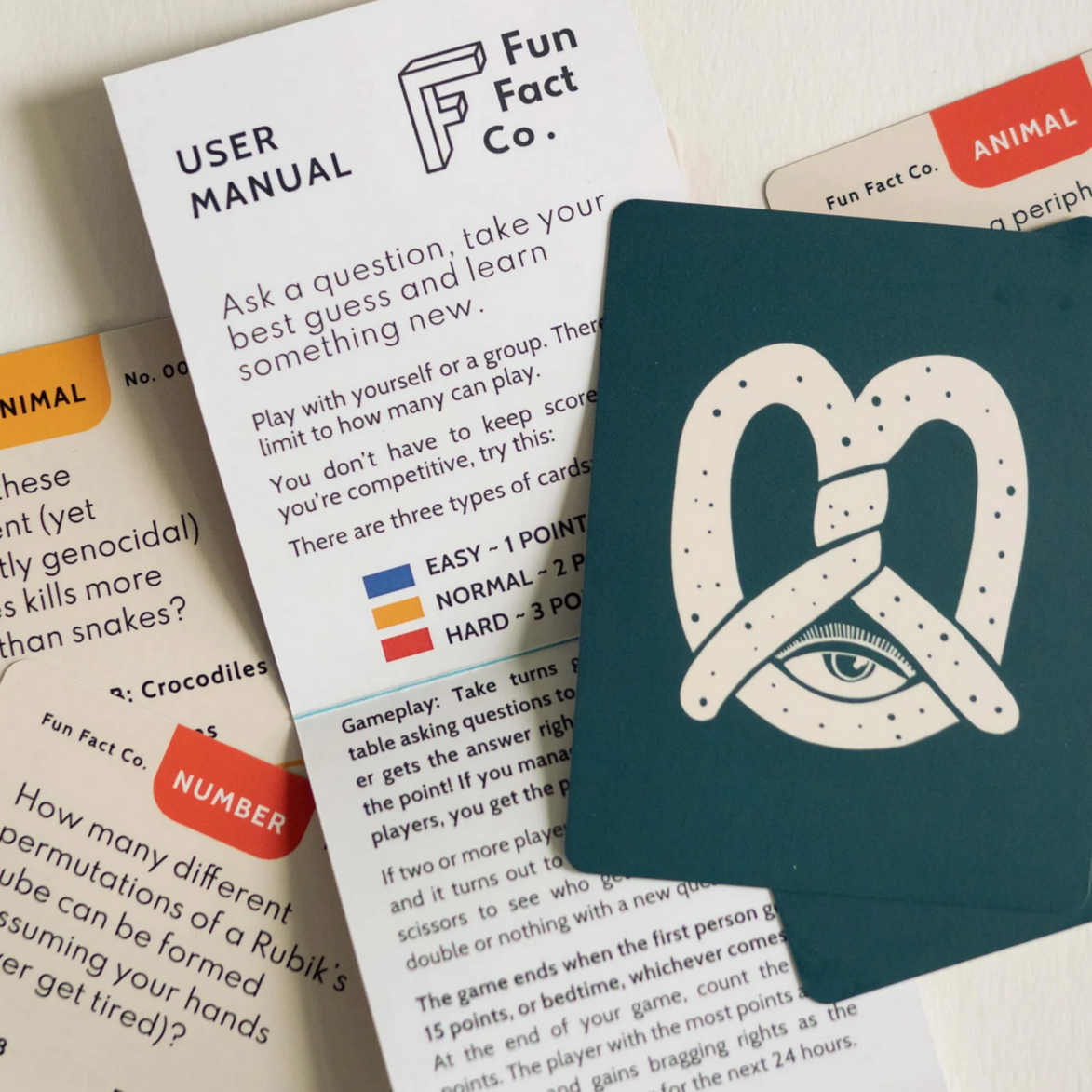 Fun Fact Co. card game components including cards and a user manual on a light background