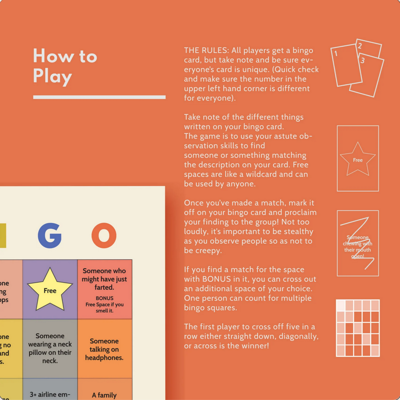 Instructions for a game of 'How to Play' on an orange background with text and icons.