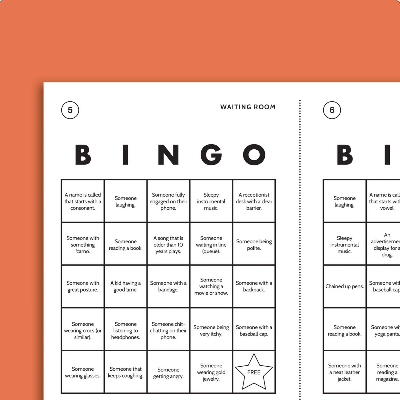 Bingo card titled 'Waiting Room' with black text on a white background, set against an orange border.