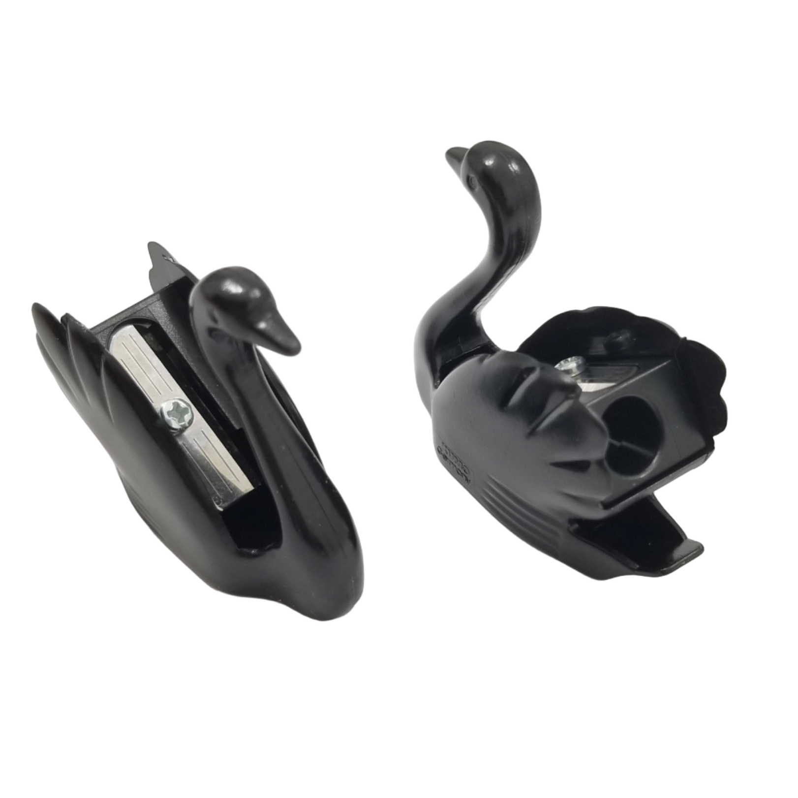 Two black pencil sharpebers on a white background