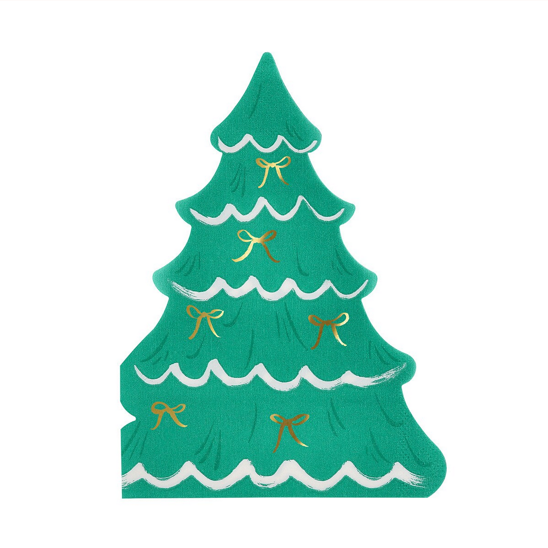 Green Christmas tree with gold ribbons on a white background