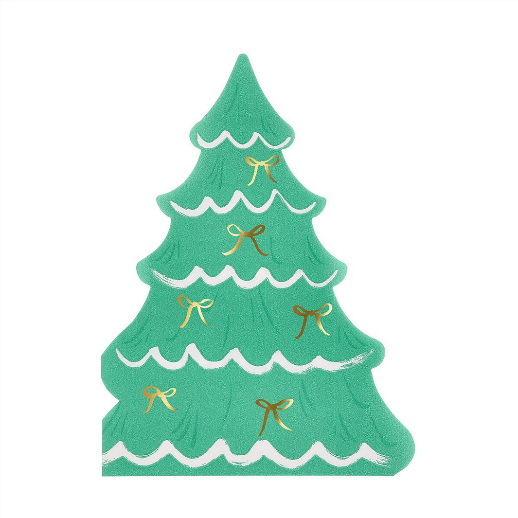 Green Christmas tree with gold ribbons on a white background