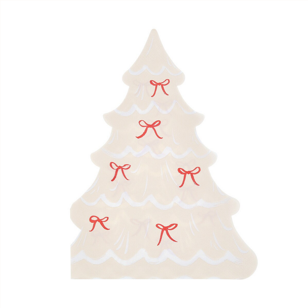 Christmas tree-shaped decorative item with red bows on a white background