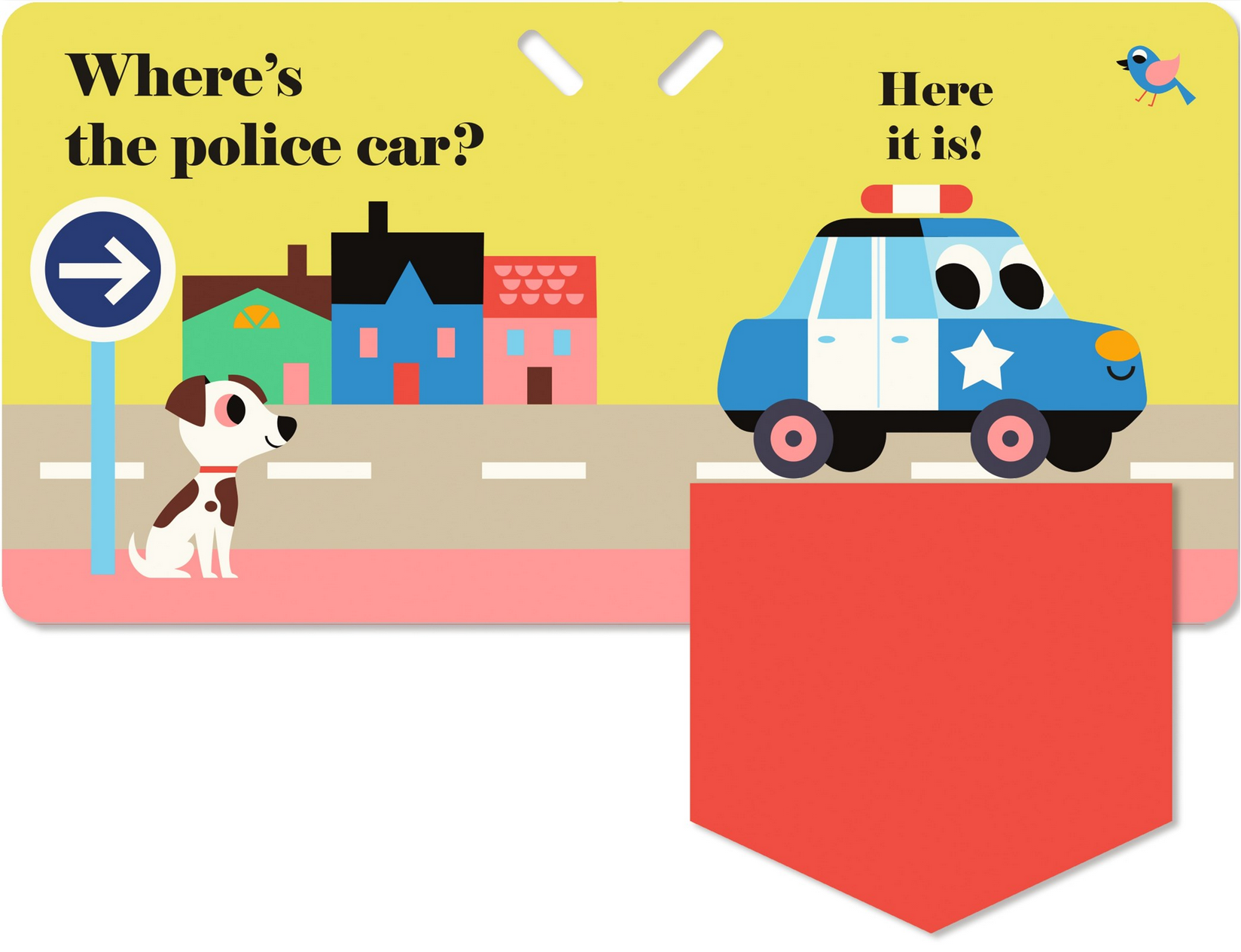 Children's book page with a police car and dog illustration on a yellow background