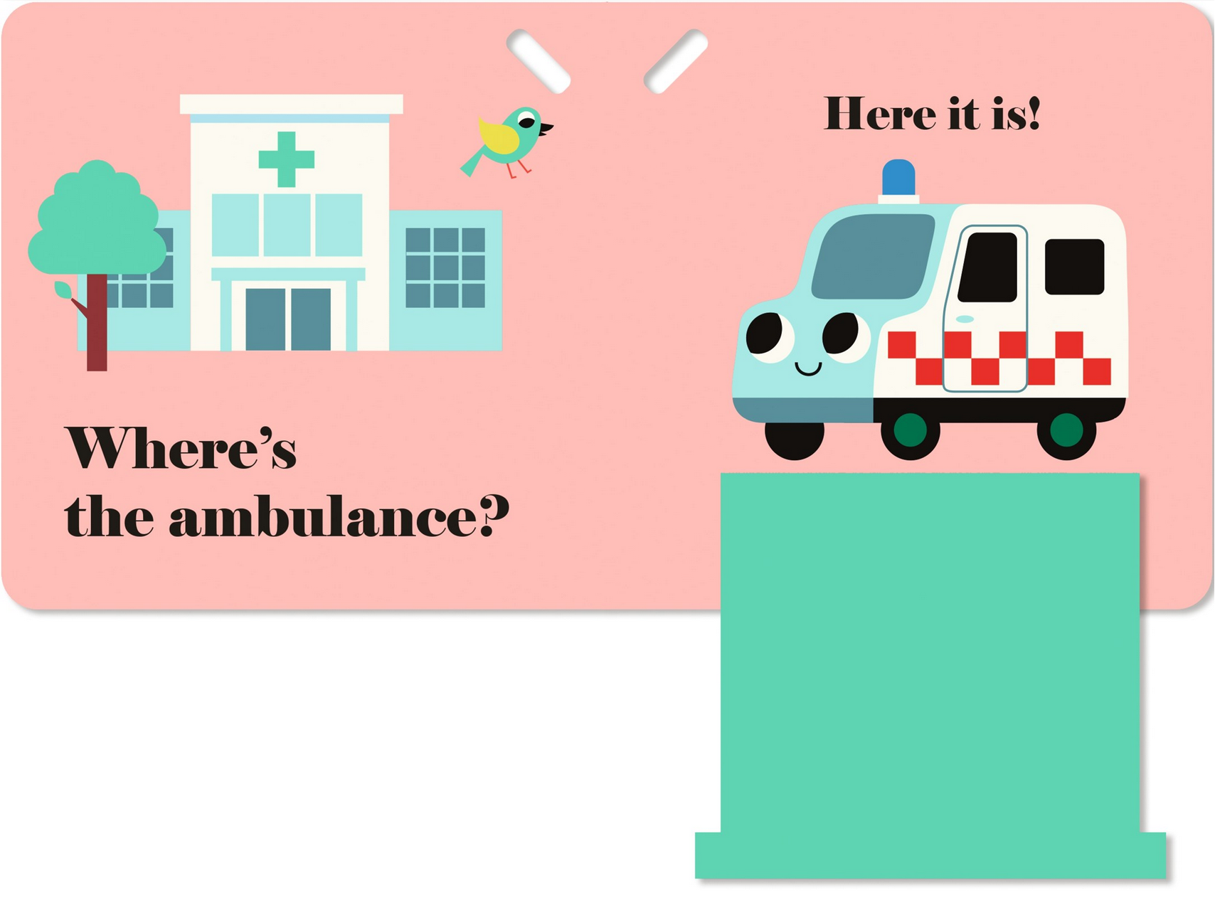 Children's book page with an ambulance and hospital illustration on a pink background