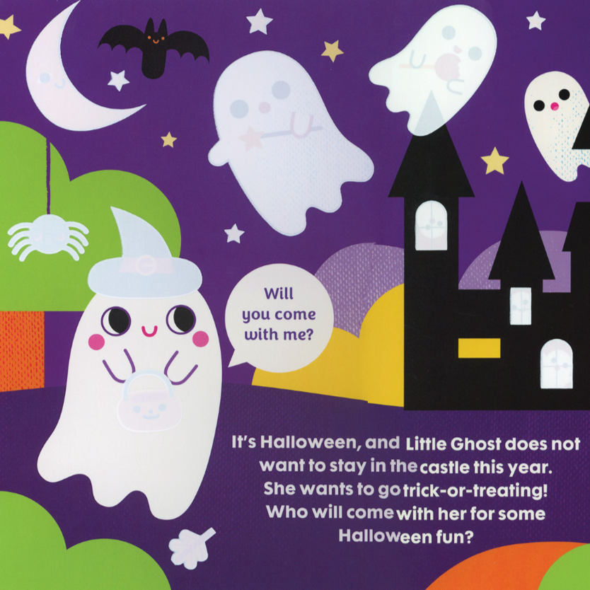 Halloween-themed illustration with a ghost, castle, and moon on a purple background.