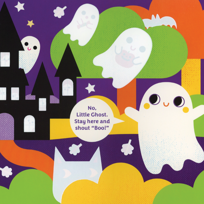 Cartoon ghosts and a cat in a colorful Halloween-themed background