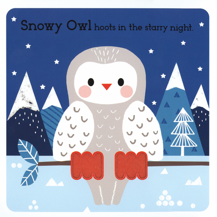 Illustration of a snowy owl on a branch with a night sky and mountains in the background.