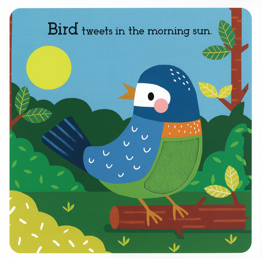 Children's book page with a colorful illustration of a bird on a log, surrounded by trees and a sun.