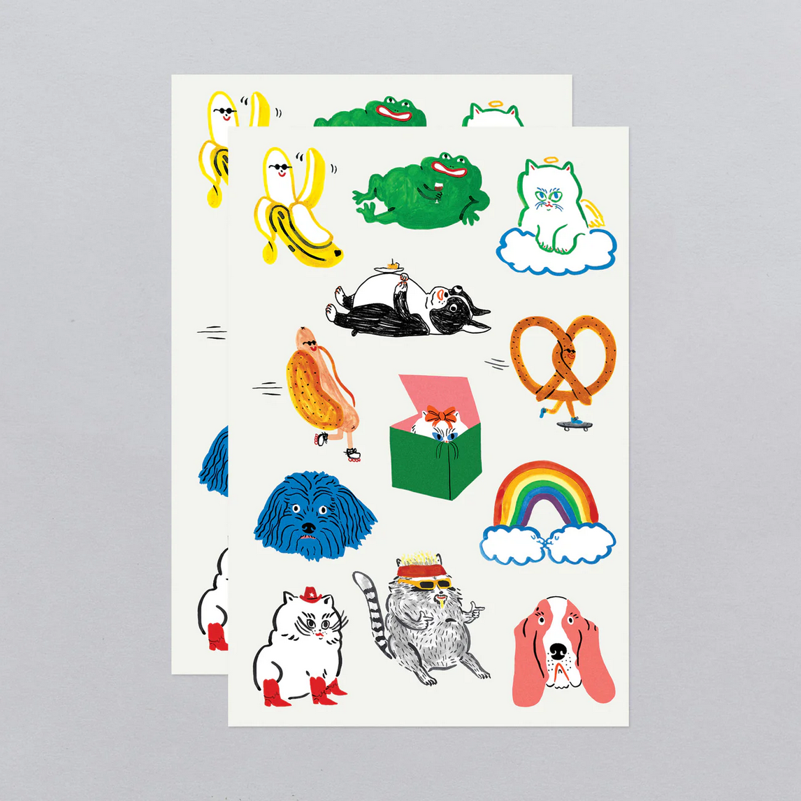 Sheet of colorful tattoos featuring various illustrations on a gray background